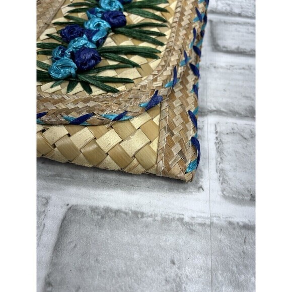 Vintage Straw Embroidered Floral Clutch Handbag Lined Snap Closure - Picture 8 of 12